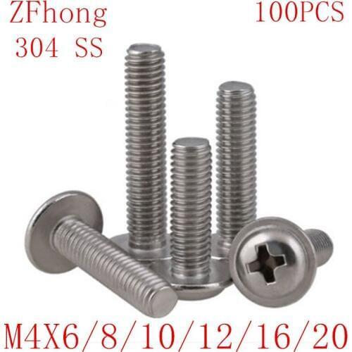 100PCS M4*6/8/10/12/16/20 304 Stainless Steel Round Pan Phillips Cross Head Screws Bolt With Washer Pad Computer Screws