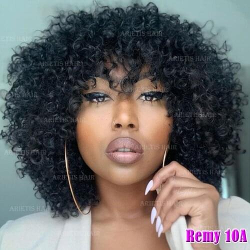 150% 180% Density Curly Human Hair Wigs with Bangs Brazilian Hair Remy Kinky Curly Wig Full Machine Made Wig With Bangs