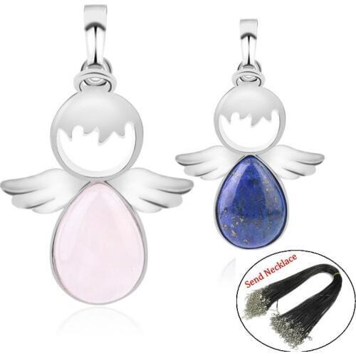 2pcs / Bag Natural Crystal Stone Gems Pop Angel Wings Necklace Pendant Women Gift DIY New Jewelry Making Accessories/Send Chain