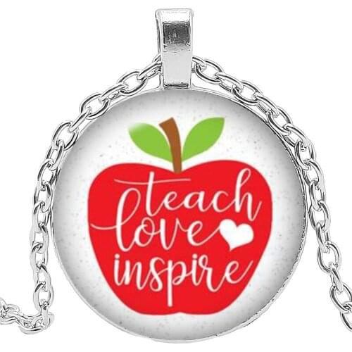 2019 New Hot Art Charm Teacher Gift Apple Pendant Round Photo Glass Cabochon Necklace Gift Sweater Chain