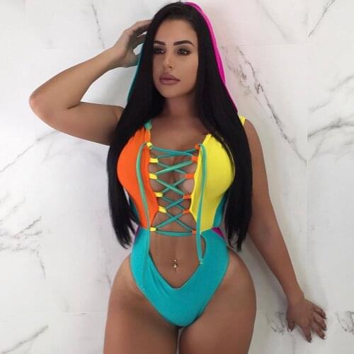 2021 New Sexy Bandage One Piece Swimsuit Women Patchwork Swimwear Female Bodysuit Hoodie Bather Bathing Suit Beachwear Monokini