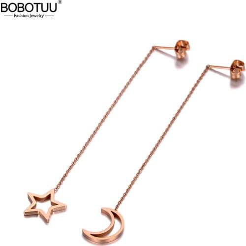 BOBOTUU Titanium Stainless Steel Moon & Star Tassel Earrings Jewelry Fashion Bohemia Ear Line Dangle Earrings For Girls BE20003