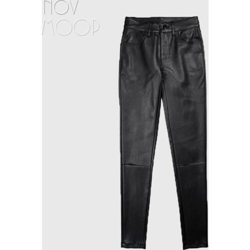 American fitting style women winter black medium waist sheepskin genuine leather stretch pencil pants pantalon femme LT2972