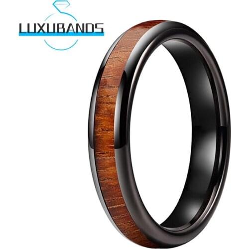 4MM Black Tungsten Rings For Womens Koa Wood Inlay Engagement Wedding Bands Polished Finished Comfort Fit