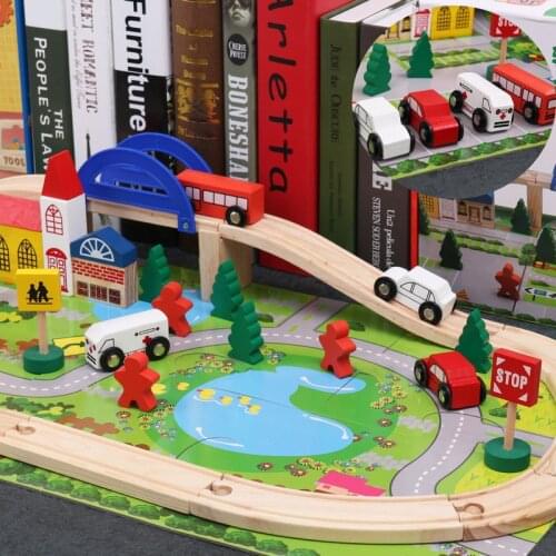 Kids Assemble Wooden Race Track Sets Vehicle Overpass Bridge Cars City Parking Lot Toddler Montessori Educational Learning Games