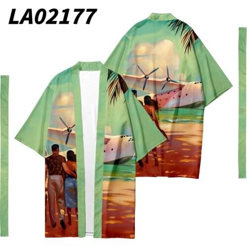 Hawaiian Landscape Printed Long Style Japanese Kimono Cardigan With Belt Couple Women Men Casual Asian Clothes Harajuku