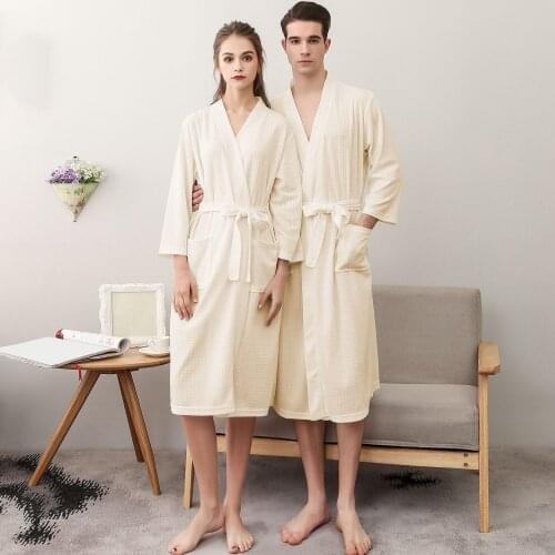 Men Women Bathrobe Spring 3/4 Sleeves Pocket Waist Belt Soft Breathable Lightweight Sleepwear Casual Comfort Loose Loungewear