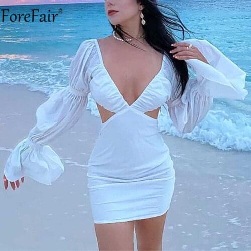 Forefair Summer V Neck Sexy Bodycon Dress Puff Long Sleeve Autumn Hollow Out Backless Fashion Y2k Women Mini Beach Dresses 2021