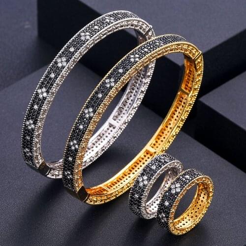 Janekelly luxury Unique African Bangle Ring Set Jewelry Sets For Women Wedding Cubic Zircon Crystal CZ Dubai Bridal Jewelry Set