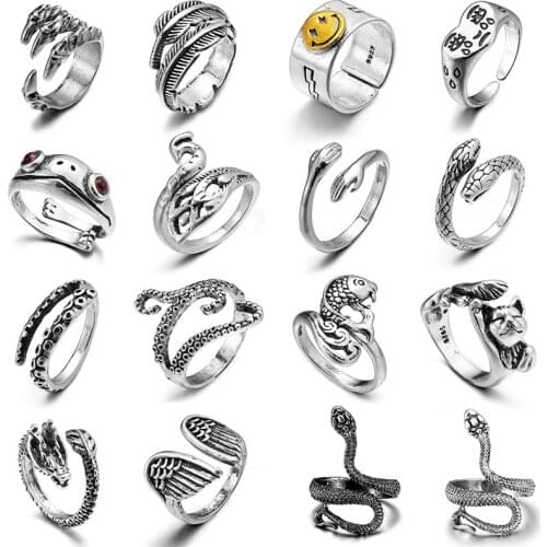 Animal Rings Black Silver Color Metal Punk Open Adjustable Snake Frog Leaf Vintage Finger Ring for Women Men Party Jewelry Gift