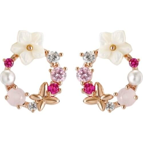 Korean New Colorful Rhinestone Pearl Drop Earrings for Women Charm Butterfly Flowers Shell Drop Earring Jewelry Gift Brincos