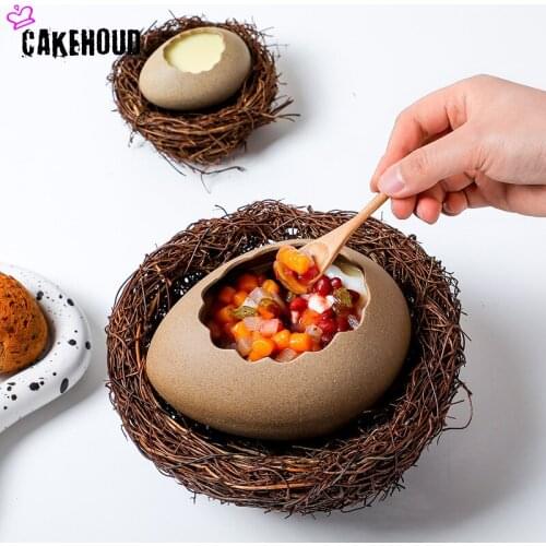 Creative Ceramic Handicraft Net Red Dessert Bowl Egg Ostrich Eggshell Hand Made Bowl With Hand-woven Rattan Birds Nest Tray