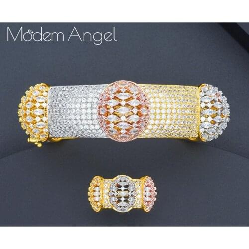 ModemAngel luxury Unique African Bangle Ring Set Jewelry Sets For Women Wedding Cubic Zircon Crystal CZ Dubai Bridal Jewelry