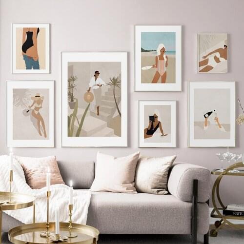 Fashion Girl Sea Beach Canvas Painting Summer Swimwear Wall Art Nordic Posters and Prints Pictures for Living Room Home Decor