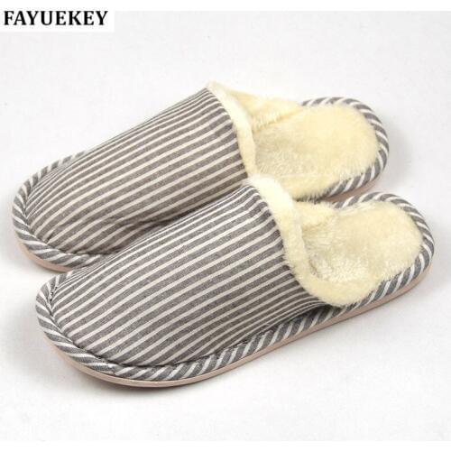 FAYUEKEY New Autumn Winter Striped Cotton Plush Home Slippers Men Indoor\Floor Outdoor Thicken Warm Boys Slippers Flat Shoes