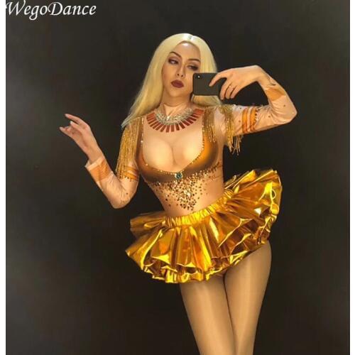 New Women Stage Wear Singer Dancer Bling singer Costumes Sexy Gold Short Skirt Sparkling Crystals Bodysuit Nightclub Party
