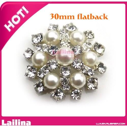 New Style 10 PCs 30 MM Round Pearl Rhinestone Flat Back Buttons For DIY Hair Accessories BT15