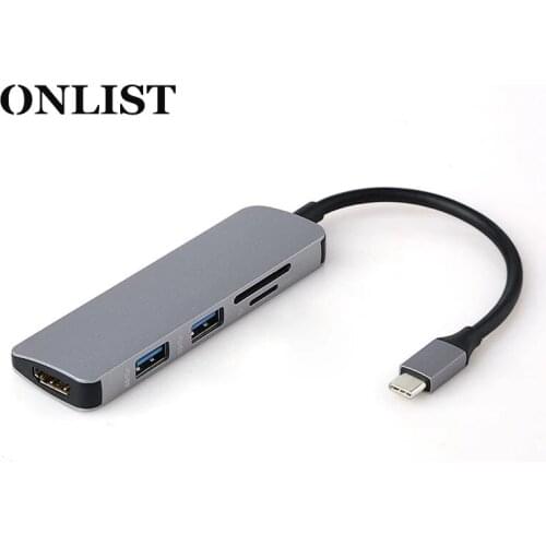 ONLISTAluminium 5 in 1 USB-C USB C HUB Type-C to 4K HDMI 2 Ports USB 3.0 HUB SD/TF Card Reader for Mac Book Type C Hub Adapter