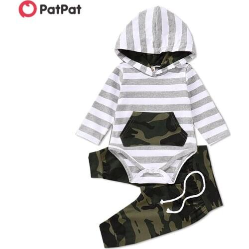 PatPat Autumn Winter Newborn Cotton Casual Baby Boy This Striped Camouflage Hooded Bodysuit Pants Two-piece Crawling Suit