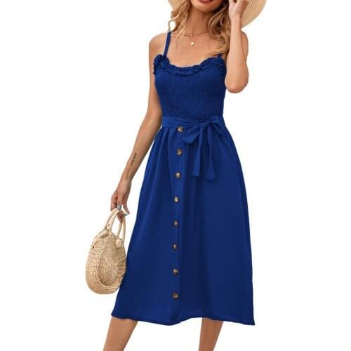 Elegant Women Sling Dress Fashion Solid Color Off Shoulder Ruffles Summer Suspender Buttons Lace-up Female Dresses Party