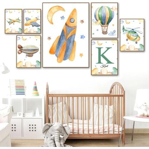 Personalized Kid Name Poster Green Airplane Wall Art Hot Air Balloon Rocket Canvas Painting Pictures Baby Child Bedroom Decor