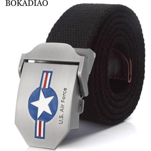 BOKADIAO Men Canvas belt luxury US Air Force Metal buckle Retired soldier Military Army tactical belts for Women strap male Blue