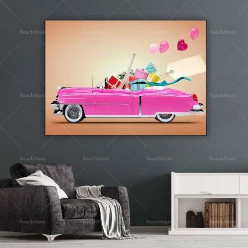 Pink Fashion Car Street Canvas Office Decoration Home Bedroom Wall Poster