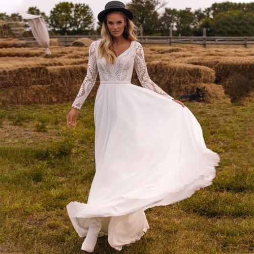 Country Lace Chiffon Wedding Party Dresses Outdoor Beach Deep V Neck Long Sleeves Ribbon Tassel White Back Bridal Gowns A-line