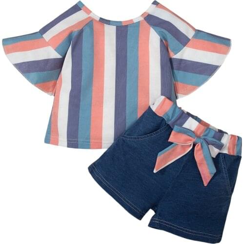 Stripe O-Neck Mandarin Sleeves Tops + Elastic Waist Shorts for Baby Girls