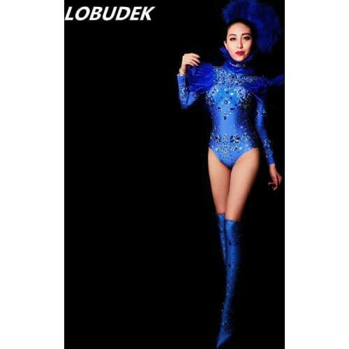 Sexy Bar female costumes bodysuit nightclub red rhinestones Bright Crystals Catsuit outfit Singer dancer performance stage wear