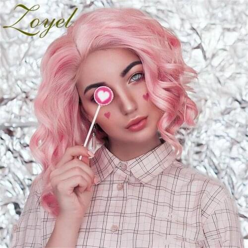 Zoyel Pink Hair Deep Wave Wigs Pink Synthetic Lace Front Wig Heat Resistant Fiber Short Bob Wigs For Girls Wedding Party Wig