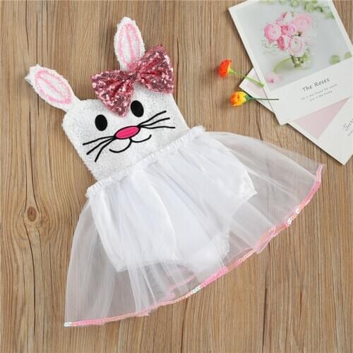 1-3Years Baby Girls Easter Romper Dress Cute Summer Girls Sleeveless Cartoon Print Sequins Mesh Tulle Skirts Party Outfits