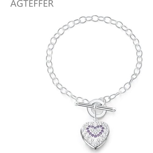 AGTEFFER 925 Sterling Silver Purple AAA Zircon Heart Bracelet For Women Wedding Engagement Party Fashion Jewelry