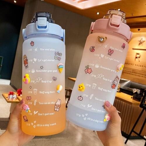 2L arge Capacity Outdoor Sports Water Bottle High Temperature Plastic Water Cup Time Scale Frosted Fitness Student Couple Cup