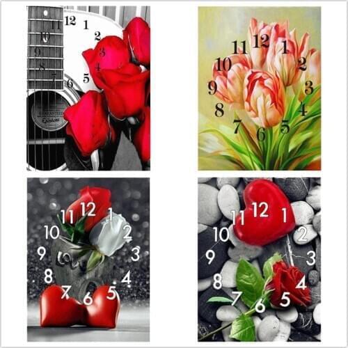 Full Square Round 5D Diamond Painting Kit With Clock Mechanism Cross stitch Diamond Embroidery Mosaic Rose Flower Gift