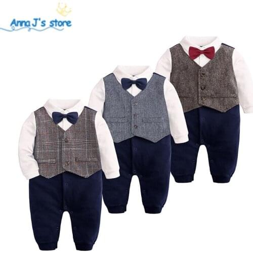 Toddler gentleman Rompers Spring Autumn Roupas Infant Jumpsuits baby Boys Clothing Newborn Cotton bowtie Baby Clothing ppy-391