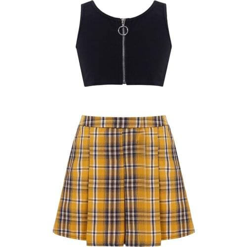 Kids Girls Clothes Set Sleeveless Round Neckline Zipper Front Crop Top with Elastic Waistband Pleated Grid Skirt 4-16 Years 2021