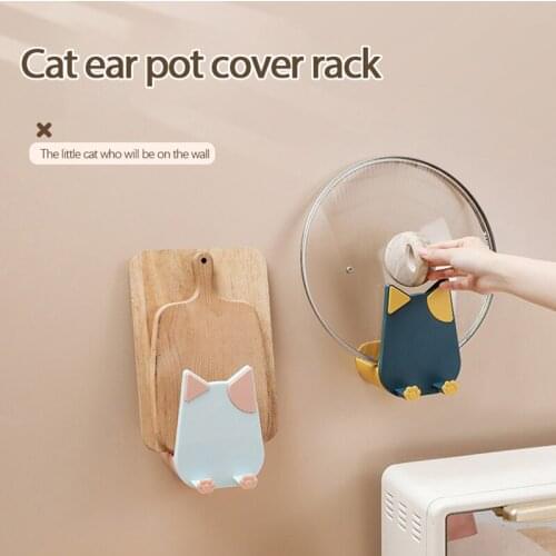 Kitchen Creative Cute Cat Ear Pot Cover Rack Multifunctional Wall-mounted Household Sitting Cartoon Pot Lid Storage Holder Shelf