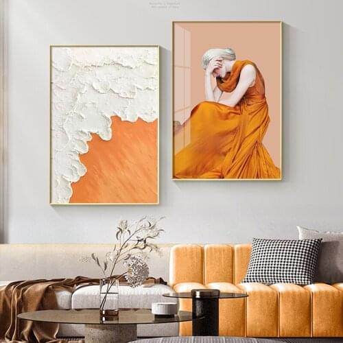 Orange Skirt Woman Wall Poster Modern Abstract Beach Landscape Picture Nordic Art Print Canvas Painting For Living Room Decor