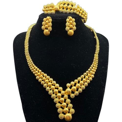 Nigeria Dubai Gold color jewelry sets African bridal wedding gifts party for women Bracelet Necklace earrings ring set collares