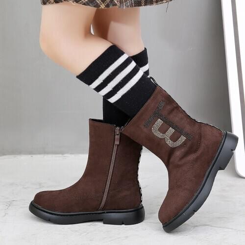 New Winter Kids Girls Boots Glitter Mid-calf Warm Little Girls Shoes Side Zipper Suede Childrens Princess Boots Short Booties