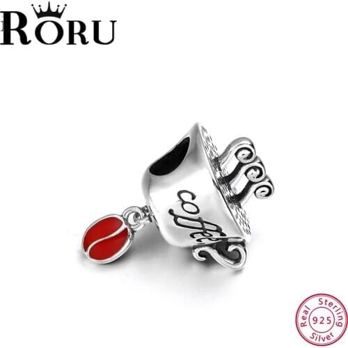 New Red Coffee Bean Coffee Cup Steaming Coffee Beads Charm Silver 925 Bracelet Suitable for Women Fashion Jewelry