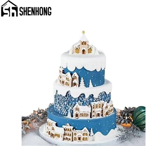 SHENHONG Christmas Snowflakes House Silicone Fondant Cake Mold DIY Gum Paste Sugar Craft Pastry Dessert Border Decorating Mould