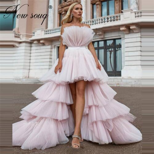Chic Ruffles Dress Formal Evening Dresses Middle East High Low 2020 Pink Dramatic Layered Prom Dress Arabic Dubai Party Gowns