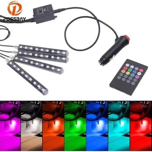 POSSBAY RGB LED Strip Light Decorative Atmosphere Lamps Car Interior Light With Wireless Remote Music Control For Universal Cars