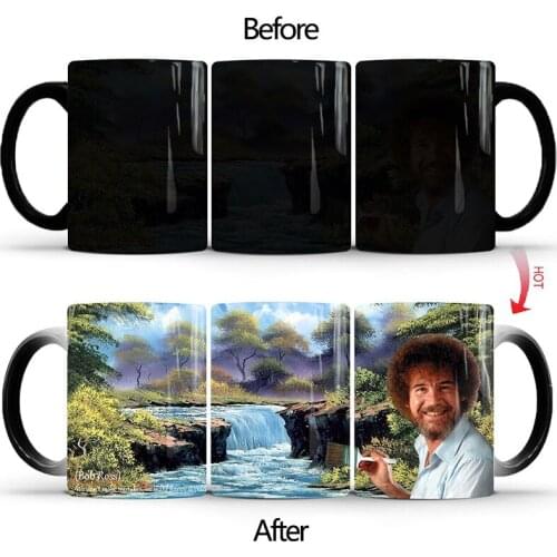 Bob Ross Heat Changing Mug Add Coffee or Tea and a Happy Little Scene Appears 350ml Ceramic Milk Tea Cup Best Gift for Friend