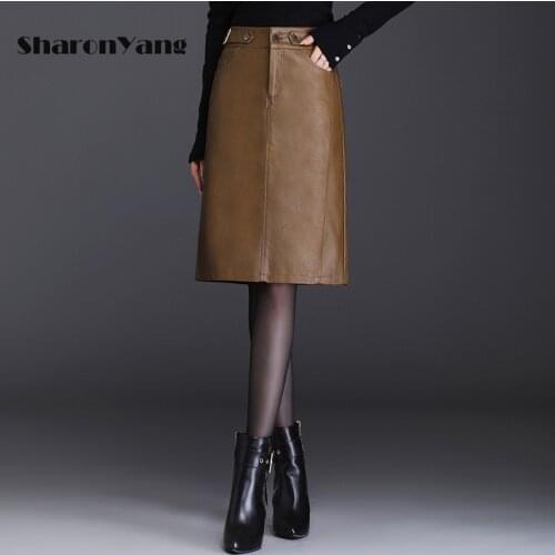 Autumn Winter Black PU Leather Elegant Pencil Knee Length Skirts Women Pockets High Waist Back Split Sheath Wrap Skirts