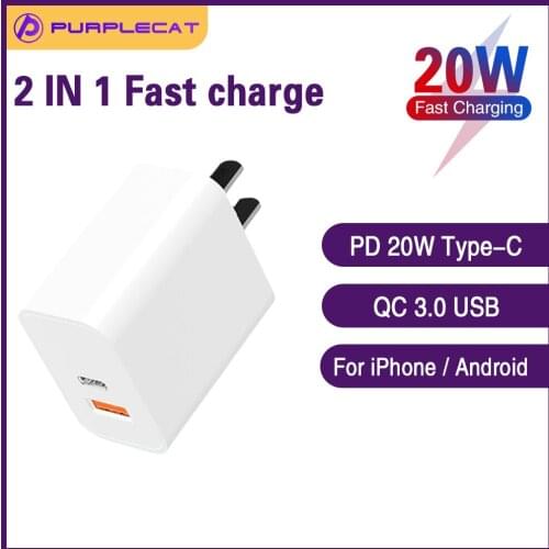 PurpleCat PD 20W USB charger QC 3.0 fast charging Type-C mobile phone portable adapter for iPhone 12 11 8 Huawei Xiaomi Samsung