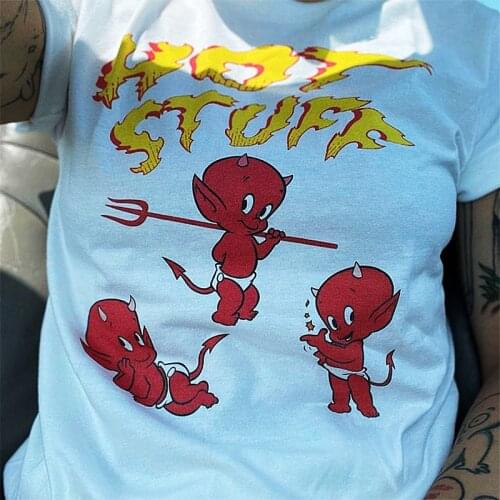 Hot Stuff Cute Devil Print White Shirt For Female Short Sleeve Loose Crewneck Summer Tops Vintage Style Ins Fashoin Graphic Tees