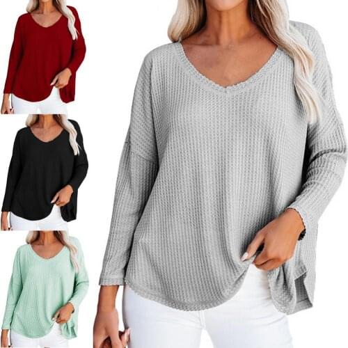 Women Fashion Casual Blouse Solid Color All Match Elastic V Neck Long Sleeve Knitted Top for Daily Dating Streetwear